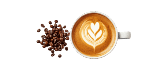 Top view of a latte coffee cup with heart-shaped latte art, placed beside a pile of roasted coffee beans on a plain background.