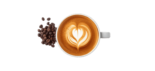 Top view of a latte coffee cup with heart-shaped latte art, placed beside a pile of roasted coffee beans on a plain background.